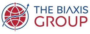 A logo for the biaxis group with a globe and arrow.