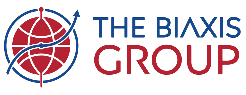 The biaxis group logo has a globe and an arrow around it.