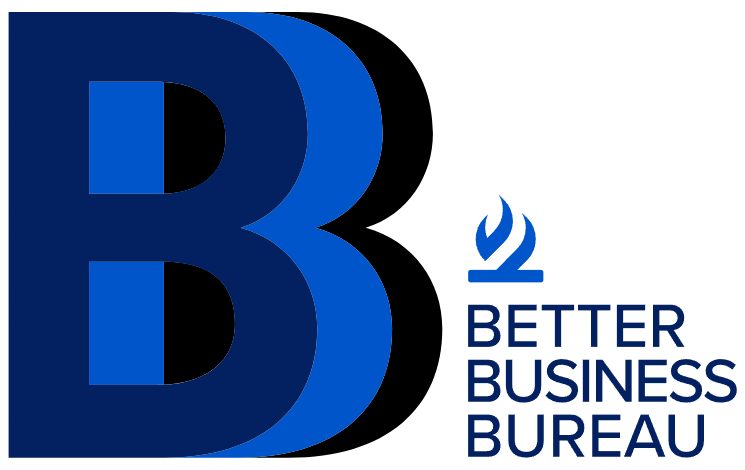Better Business Bureau logo with blue “B” and blue text