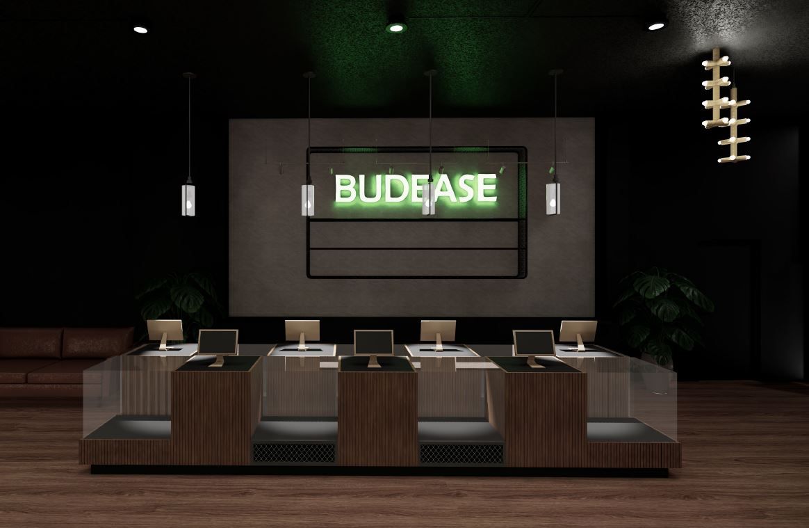 Interior of a cannabis dispensary with a lit 