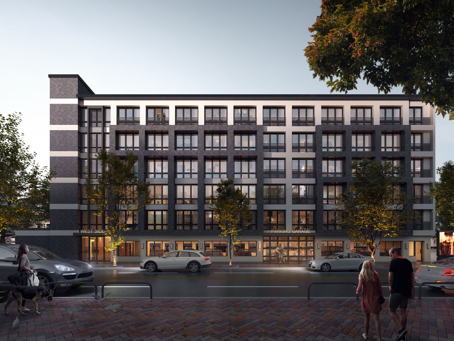 Modern multi-story building with shops on ground floor; two people walking, cars parked on street.