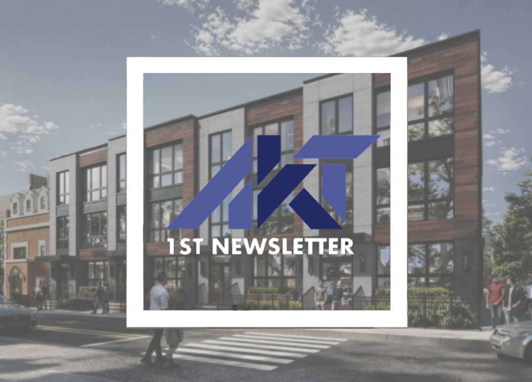 Logo over a modern building exterior. Text: 1st Newsletter. Blue and white logo 