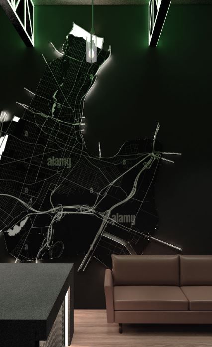 Black wall map of a city, with illuminated roads, above a brown couch. Dark room, with modern lighting.