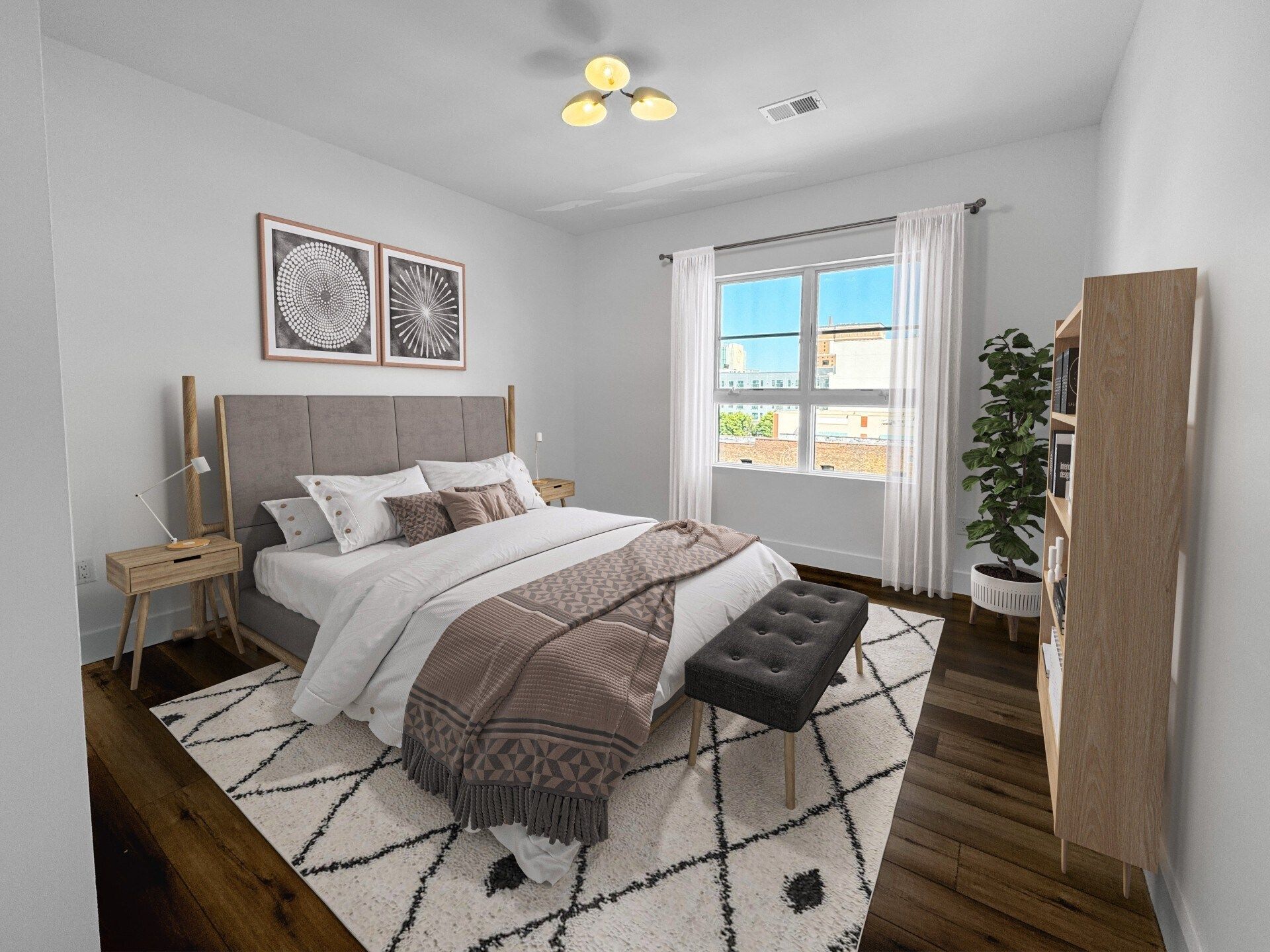 Bedroom with bed, rug, window, bookcase, and decorative art. Neutral color scheme, natural light.