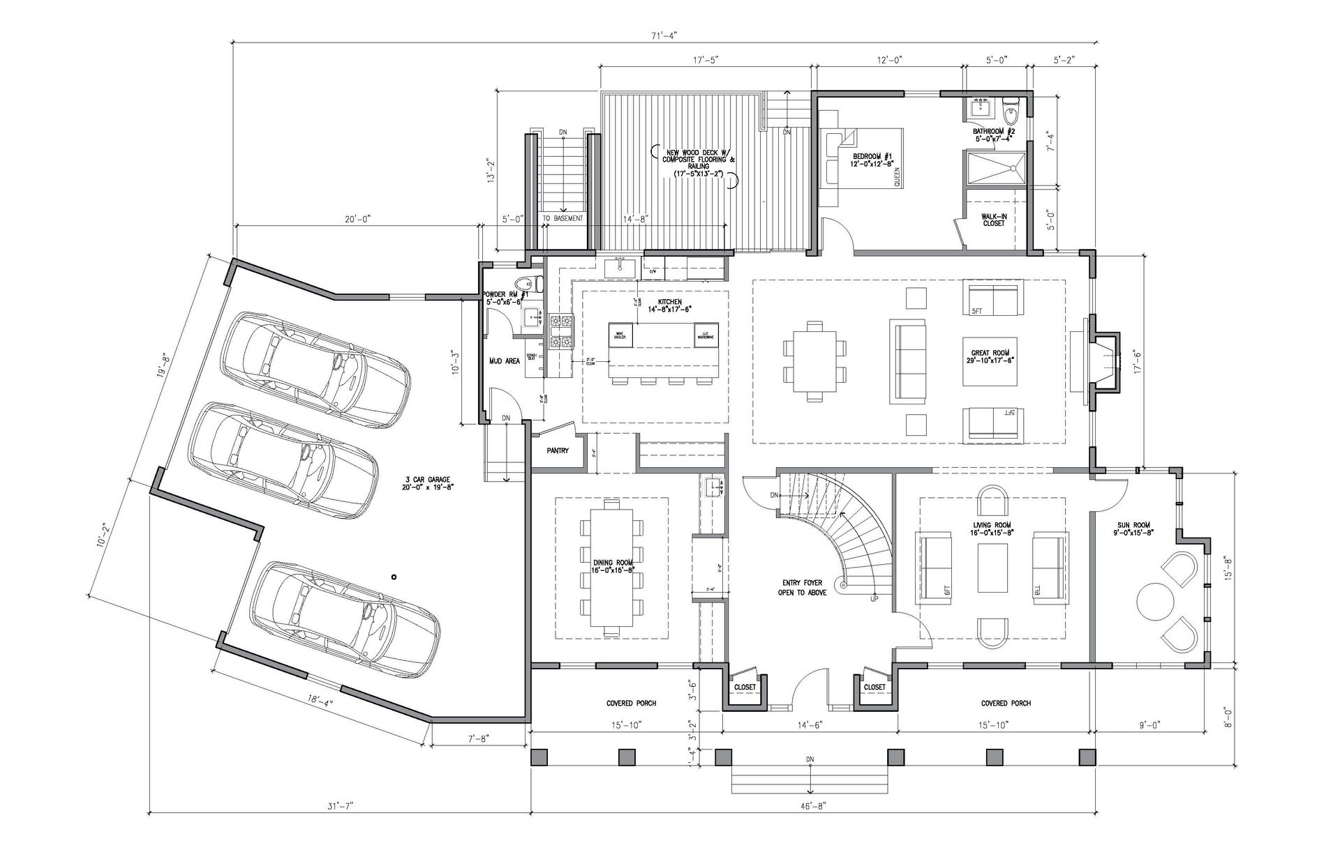 Floor plan of a house with a three-car garage, kitchen, living room, bedrooms, and patio.