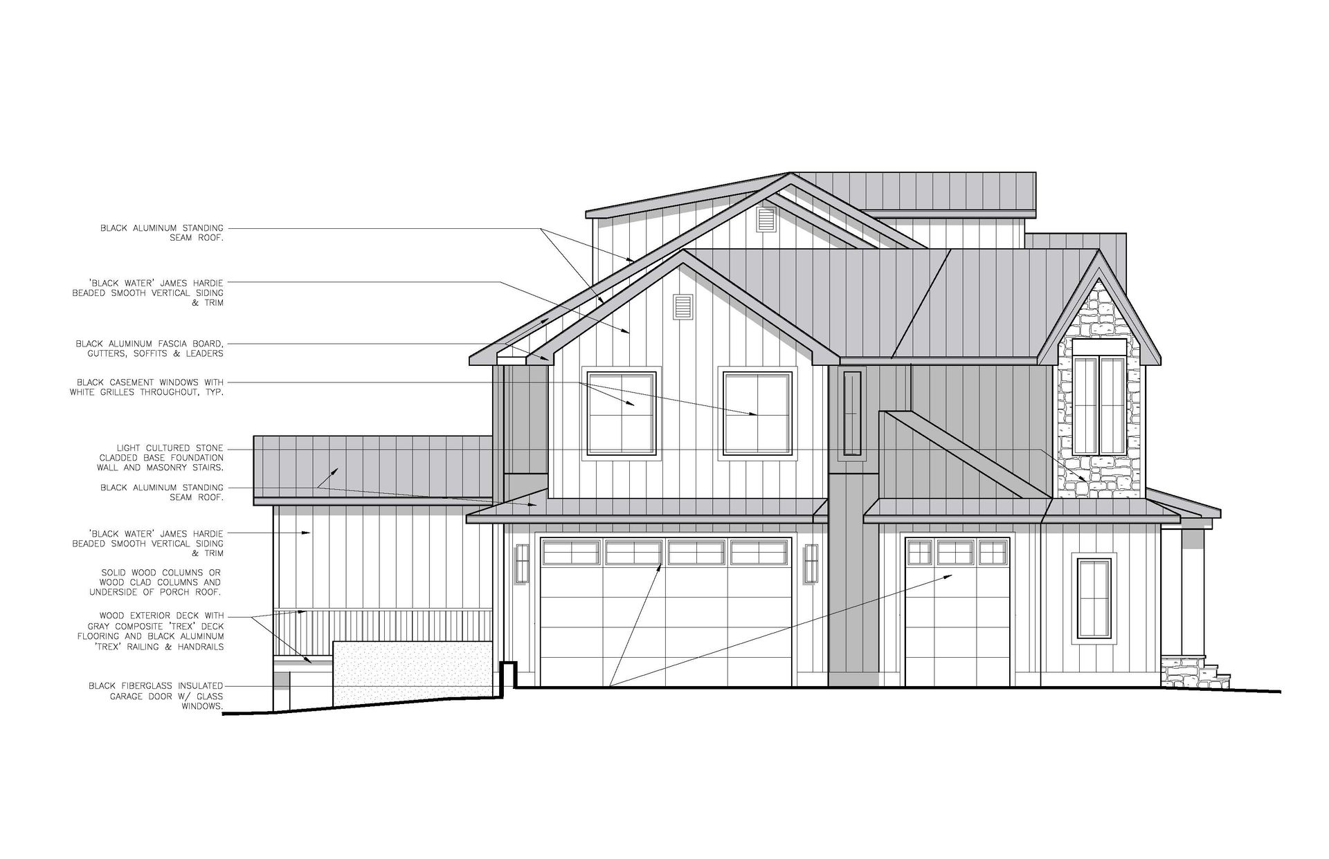 Architectural drawing of a two-story house with a gabled roof, garage doors, and a covered porch.