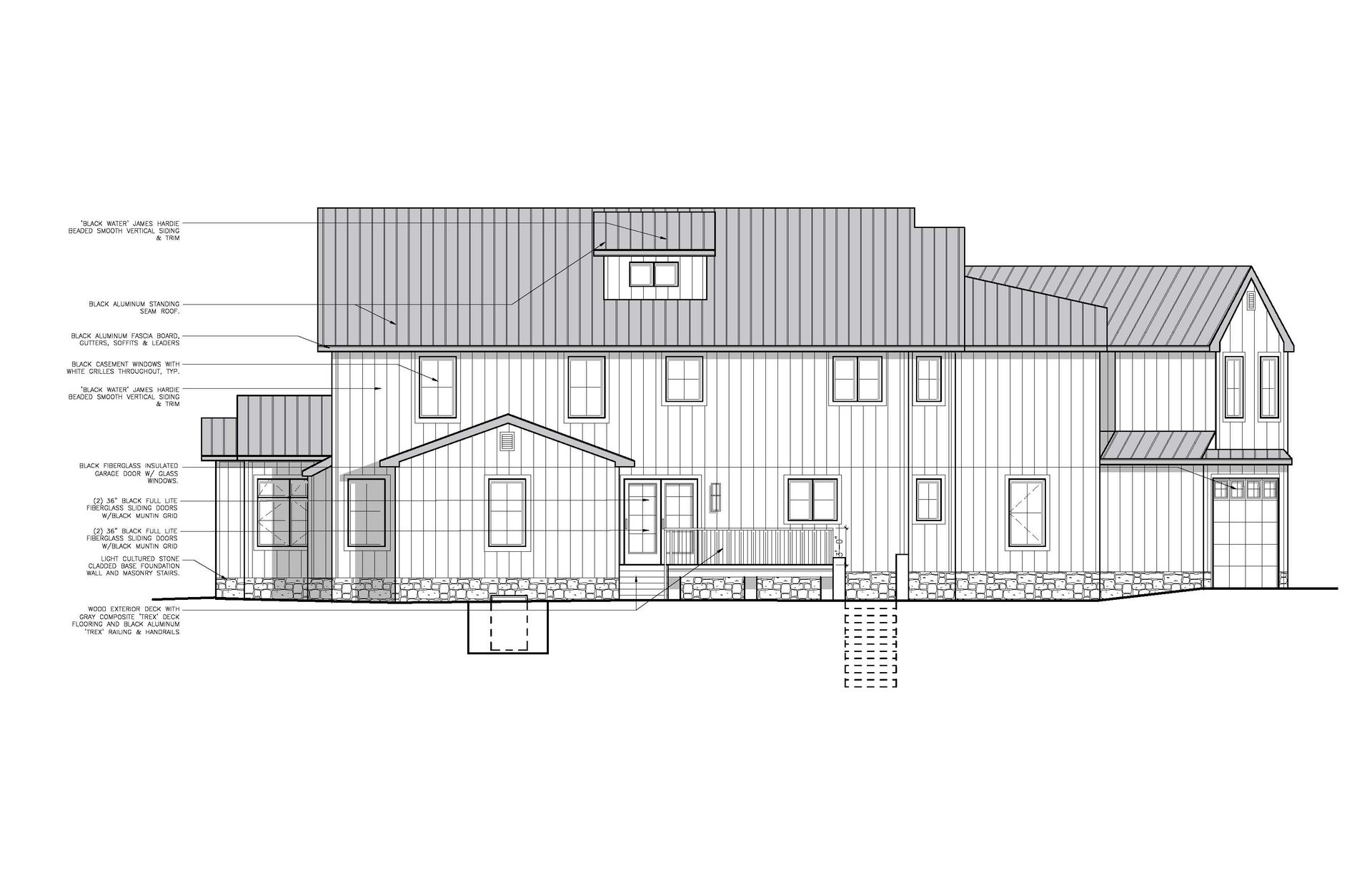 Architectural drawing of a house's side elevation with windows, doors, and roofing details.