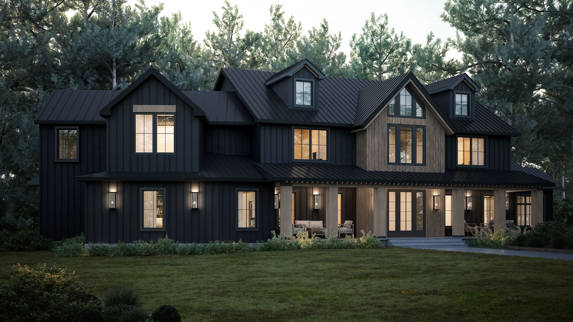 Dark modern farmhouse with black siding, wood accents, and porch, nestled in a wooded setting.