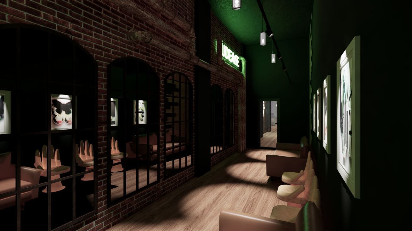 Interior with brick facade, arches, and a green hallway with artwork and seating.