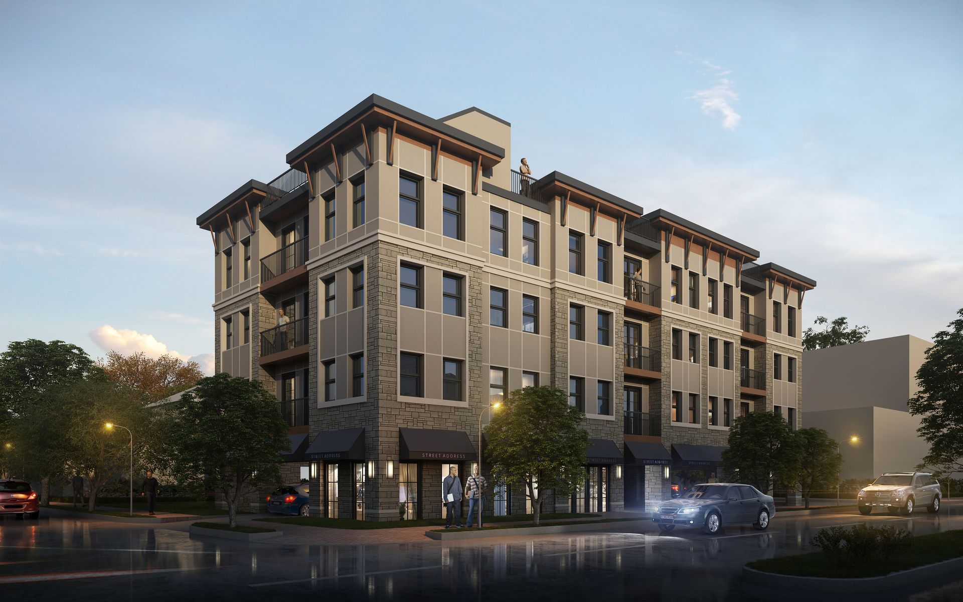 Modern apartment building with retail on ground floor, stone and beige facade, street setting.