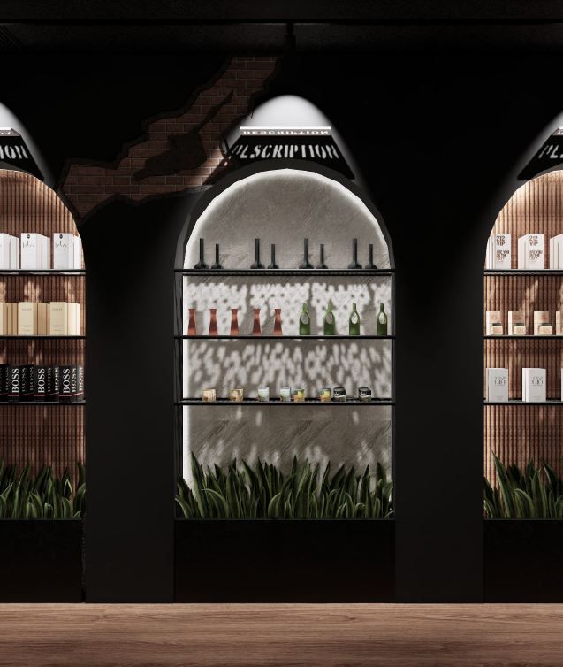 Three arched display shelves with products and plants. Dark interior with wood and neutral color accents.