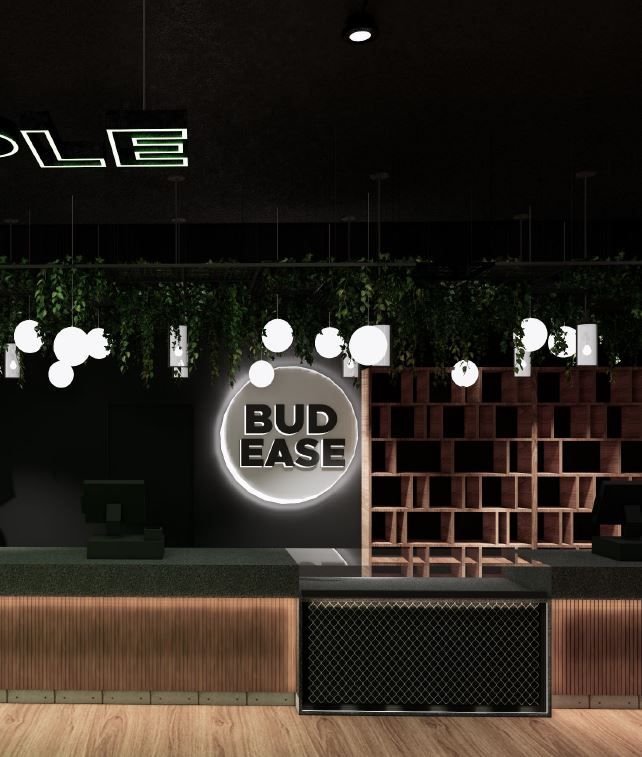 Interior of Bud Ease cannabis dispensary with a lit sign, wooden shelves, and counter.