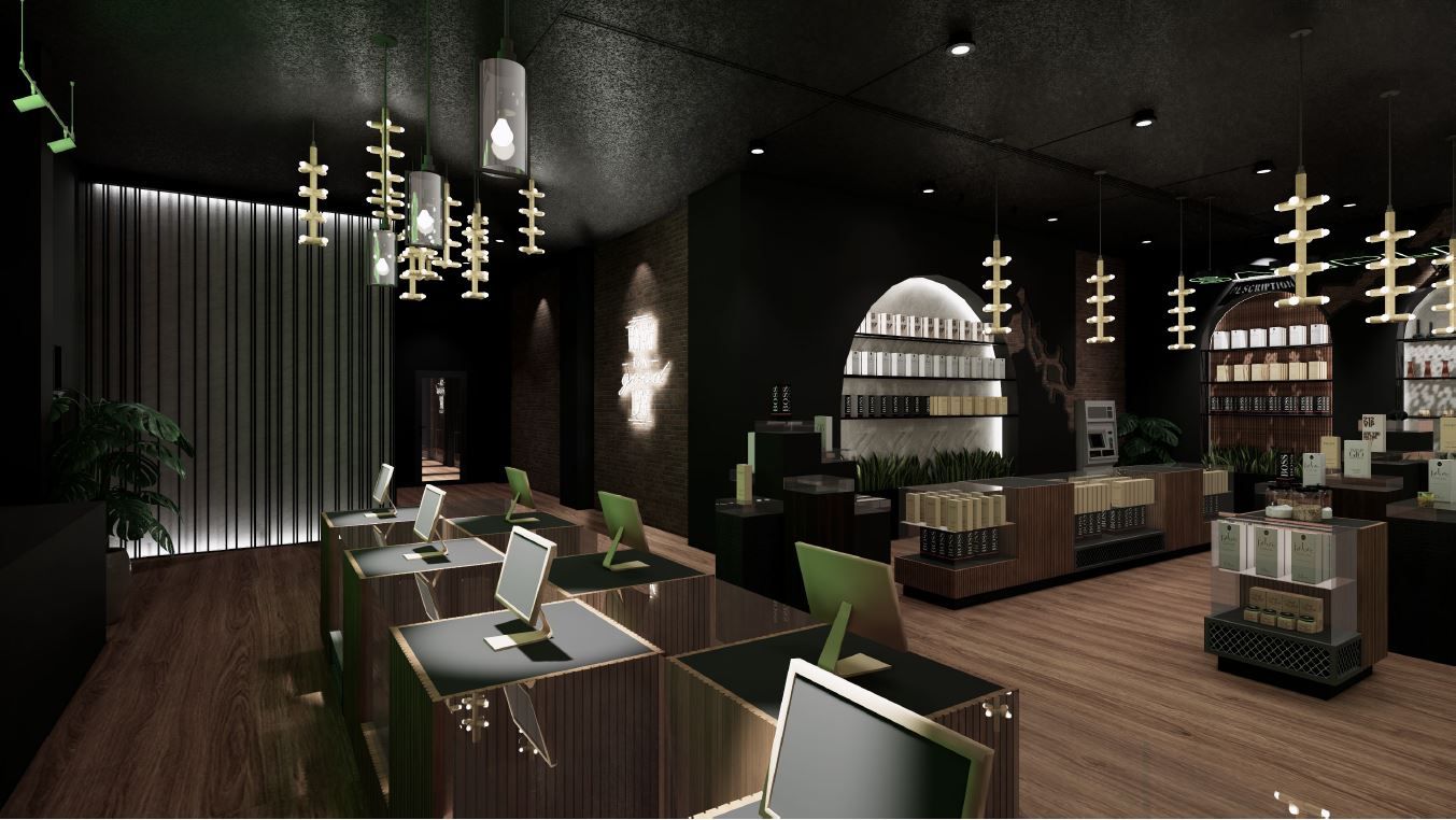 Interior of a luxury shop with dark walls, gold accents, display shelves, and customer service desks.