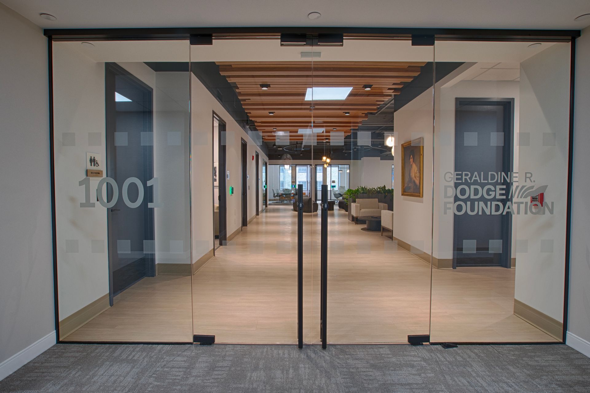 Glass doors to a building entrance with 