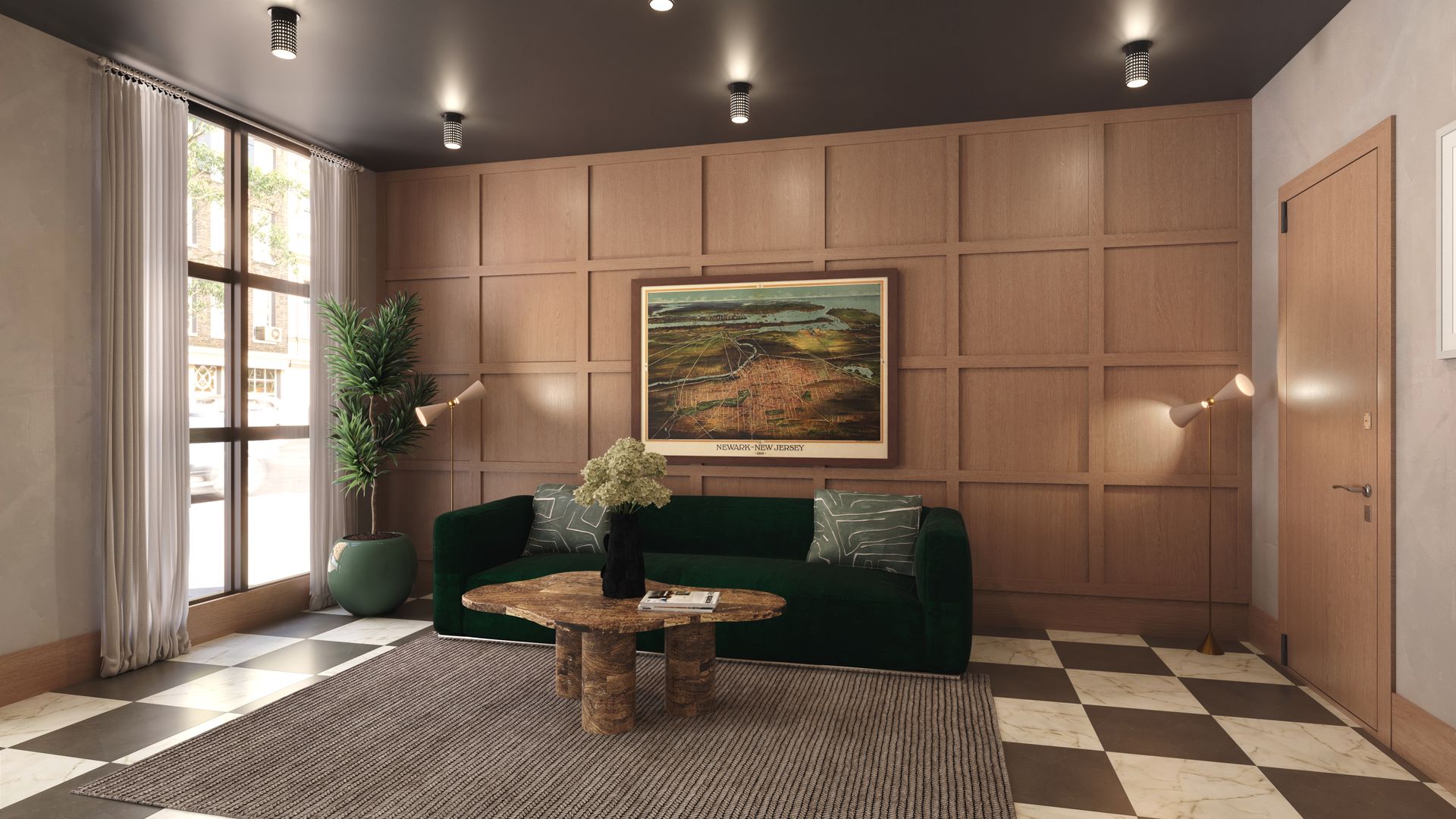 Living room with green sofa, wooden panel wall, art, and patterned rug on checkered floor.