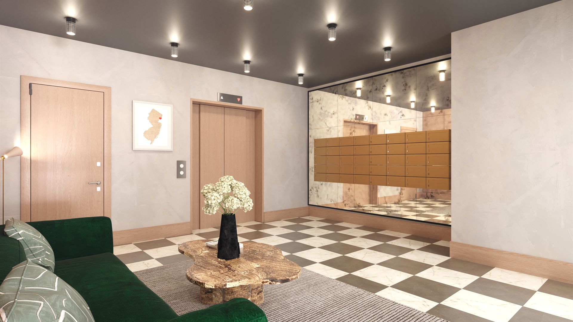 Lobby with green sofa, wooden accents, checkered floor, and mailboxes reflected in a large mirror.
