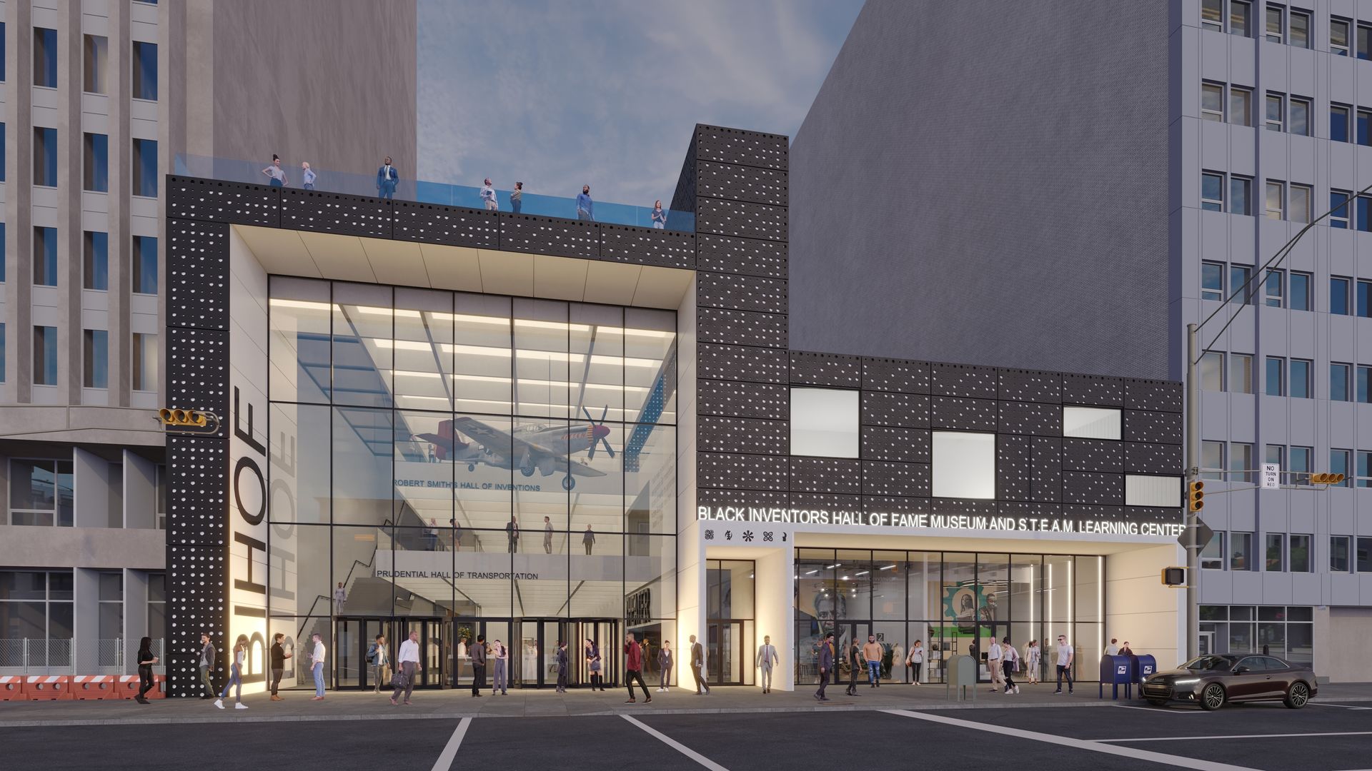 Rendering of a building entrance with glass facade, people walking, and a rooftop viewing area.