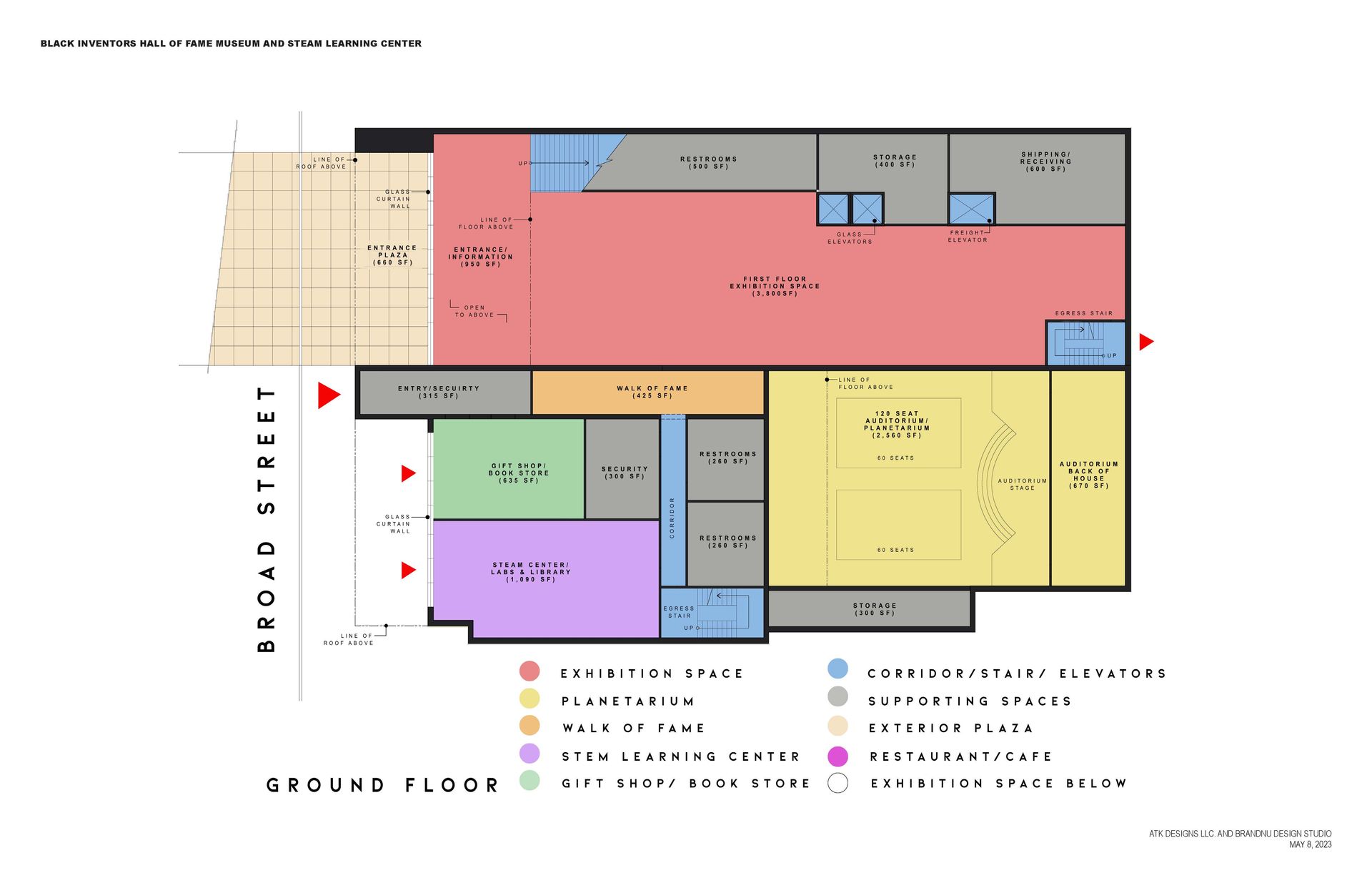 Ground floor plan of a building with colored rooms labeled. Includes a street name and legend.