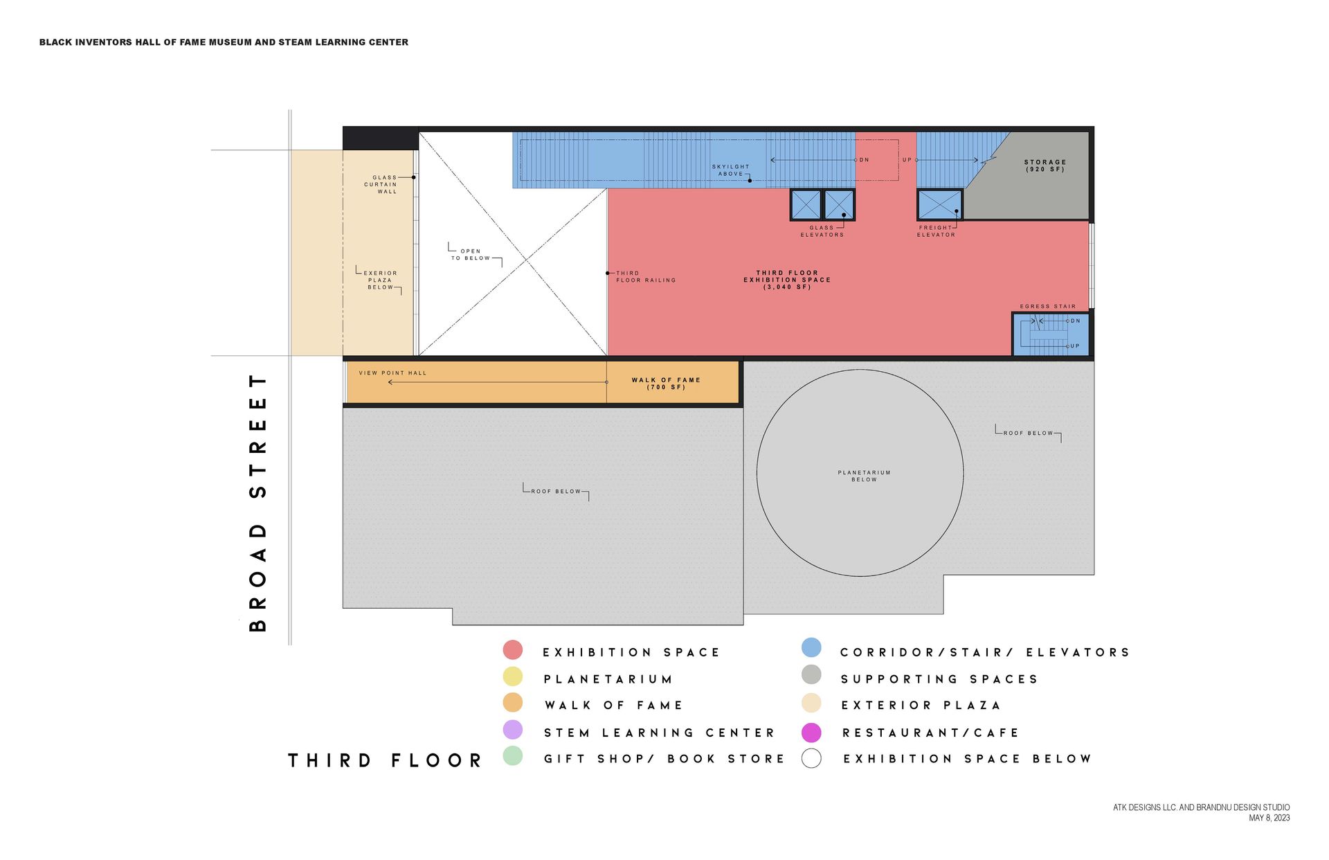 Third floor plan, multi-colored areas including a cafe, storage, and restrooms.