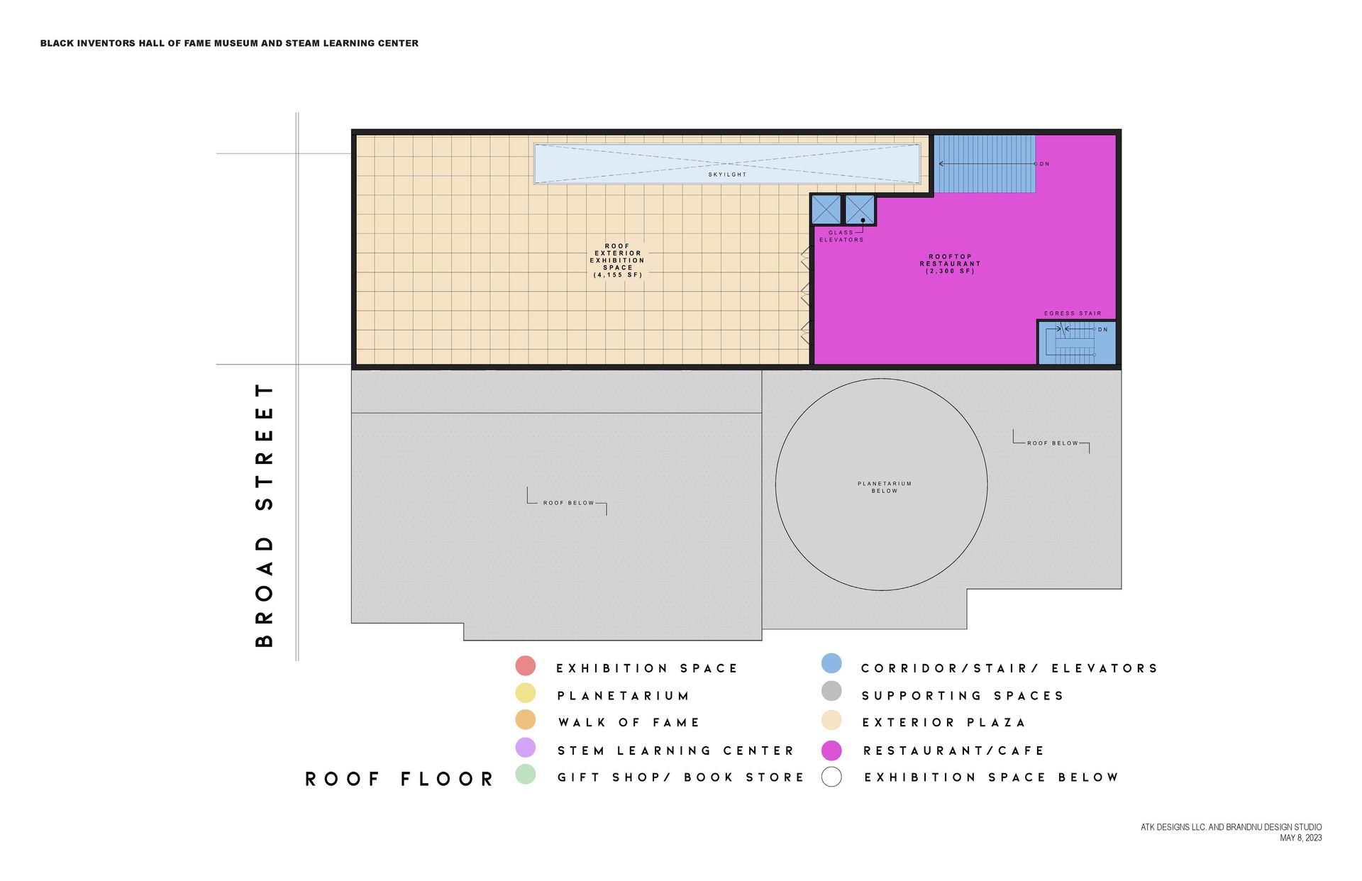 Diagram of a building's roof floor plan with color-coded areas.