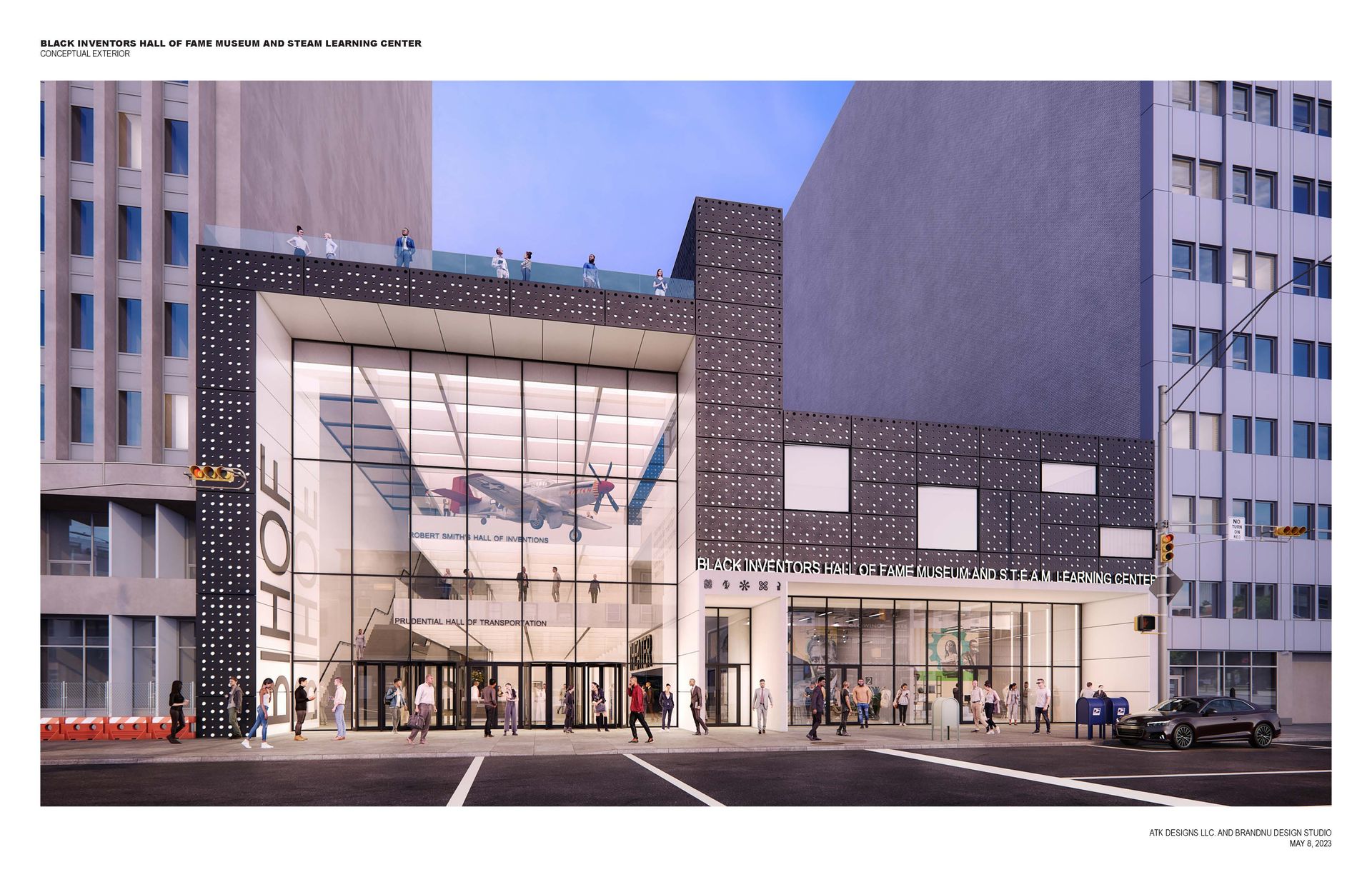 Exterior view of a modern building with glass entrance, pedestrians, and cars on the street.