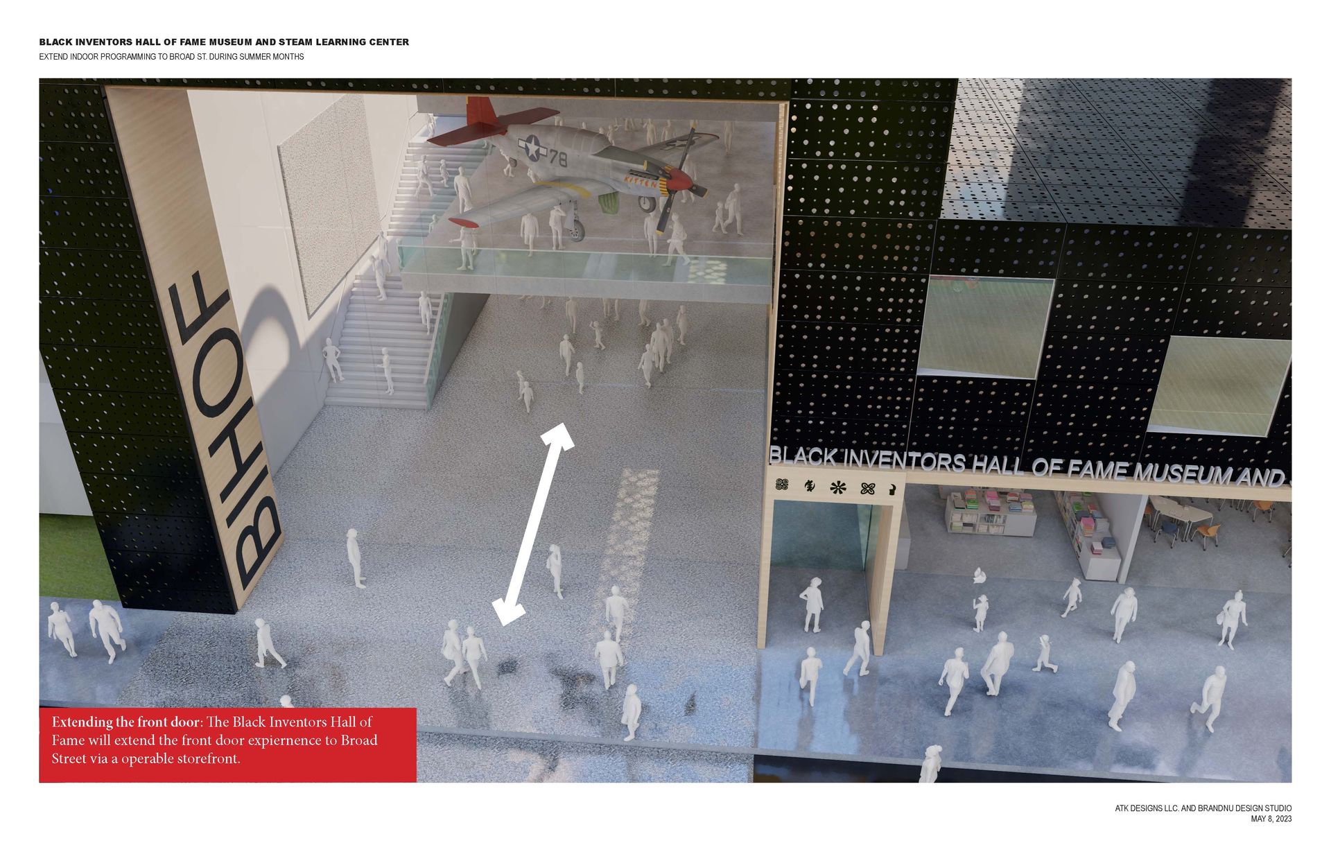 Architectural model of a building with people, showcasing an open area with a glass-enclosed exhibit and 