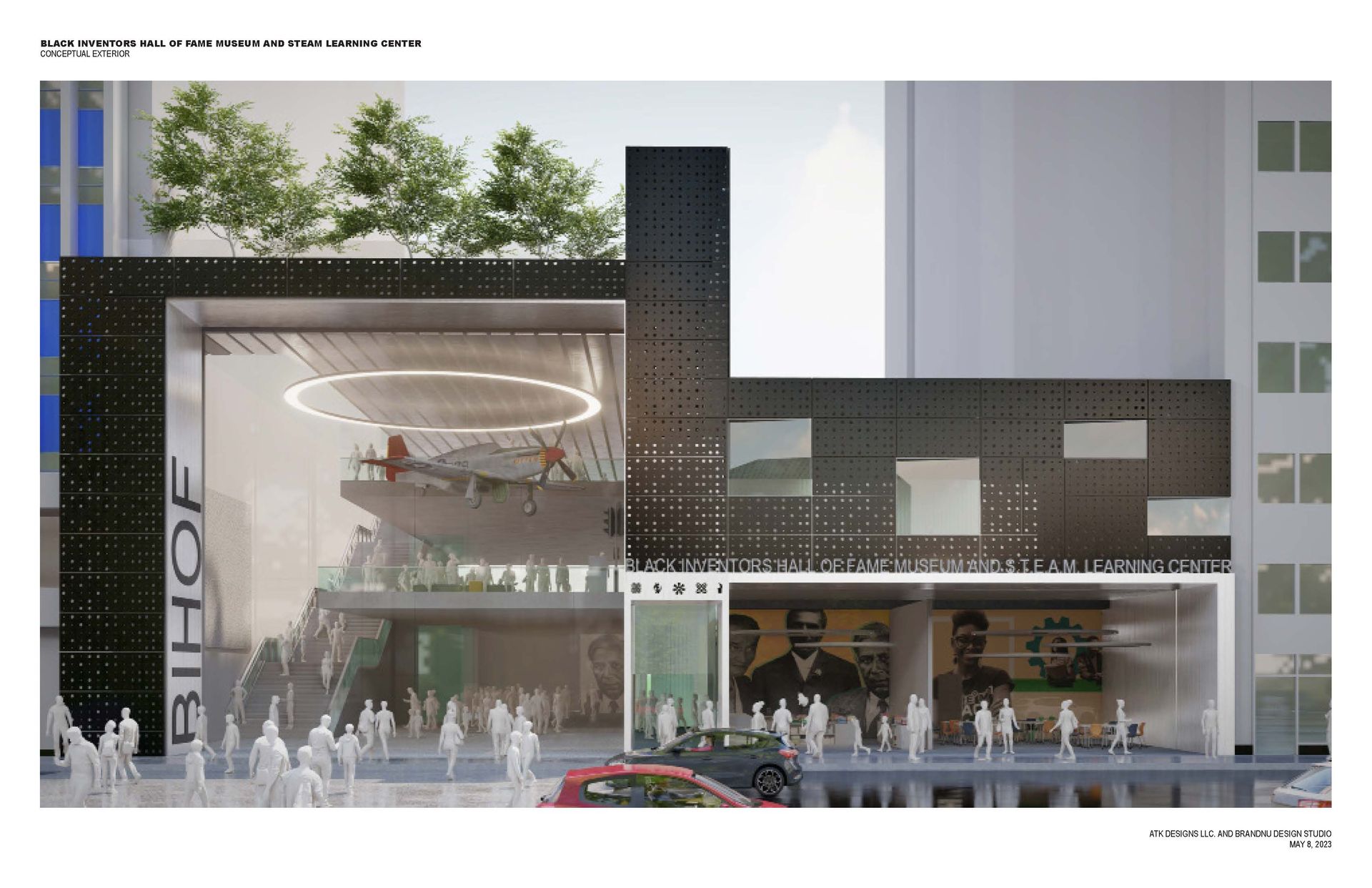 Architectural rendering of a building with a museum display, exterior view, with people, trees, and dark facade.