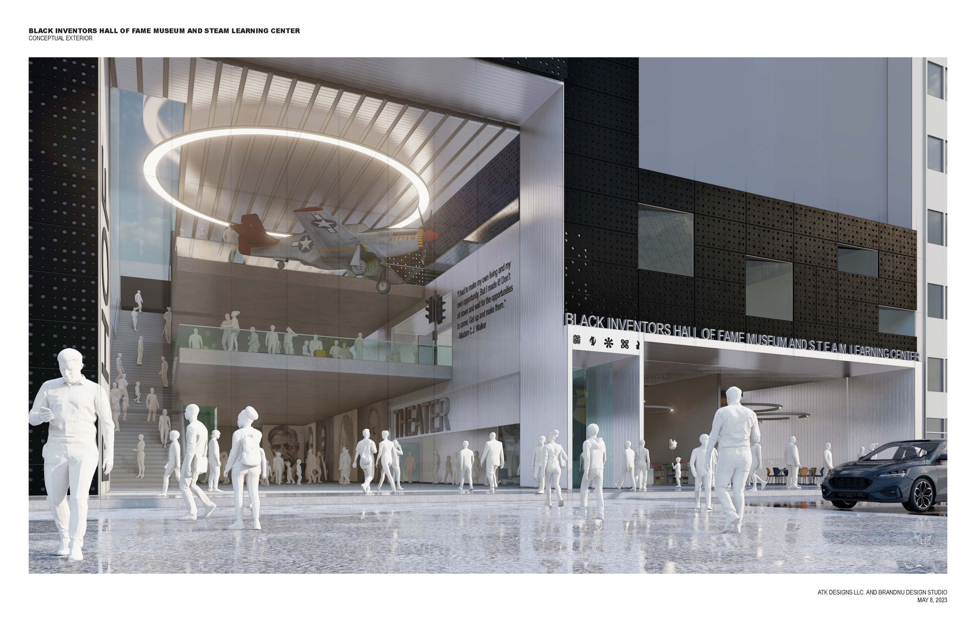 Architectural rendering of modern building with pedestrian figures. Gray and black facade with large circular light fixture.