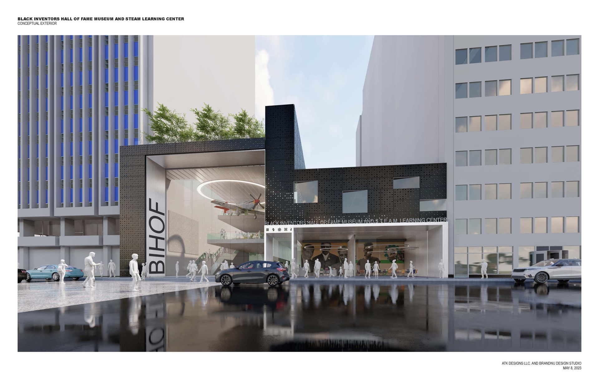 Architectural rendering of building entrance. Dark facade, reflective plaza, people near glass doors, modern design.