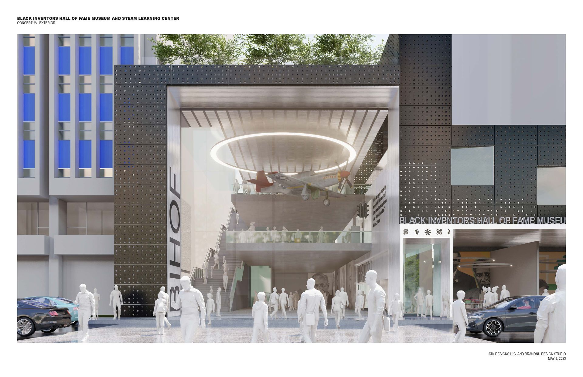 Modern building entrance with glass facade, people walking, car parked. 