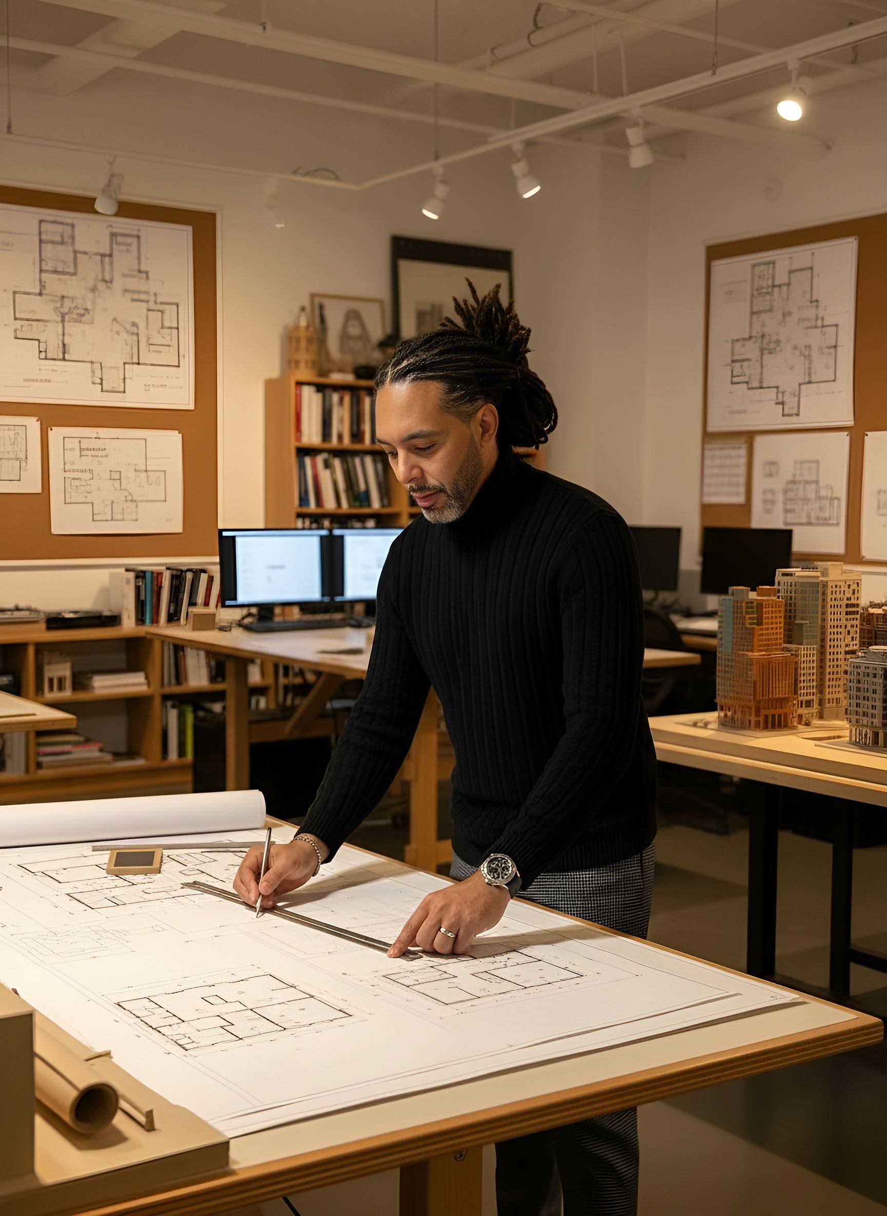Architect drawing on large blueprints at a desk, surrounded by building plans and models in an office.