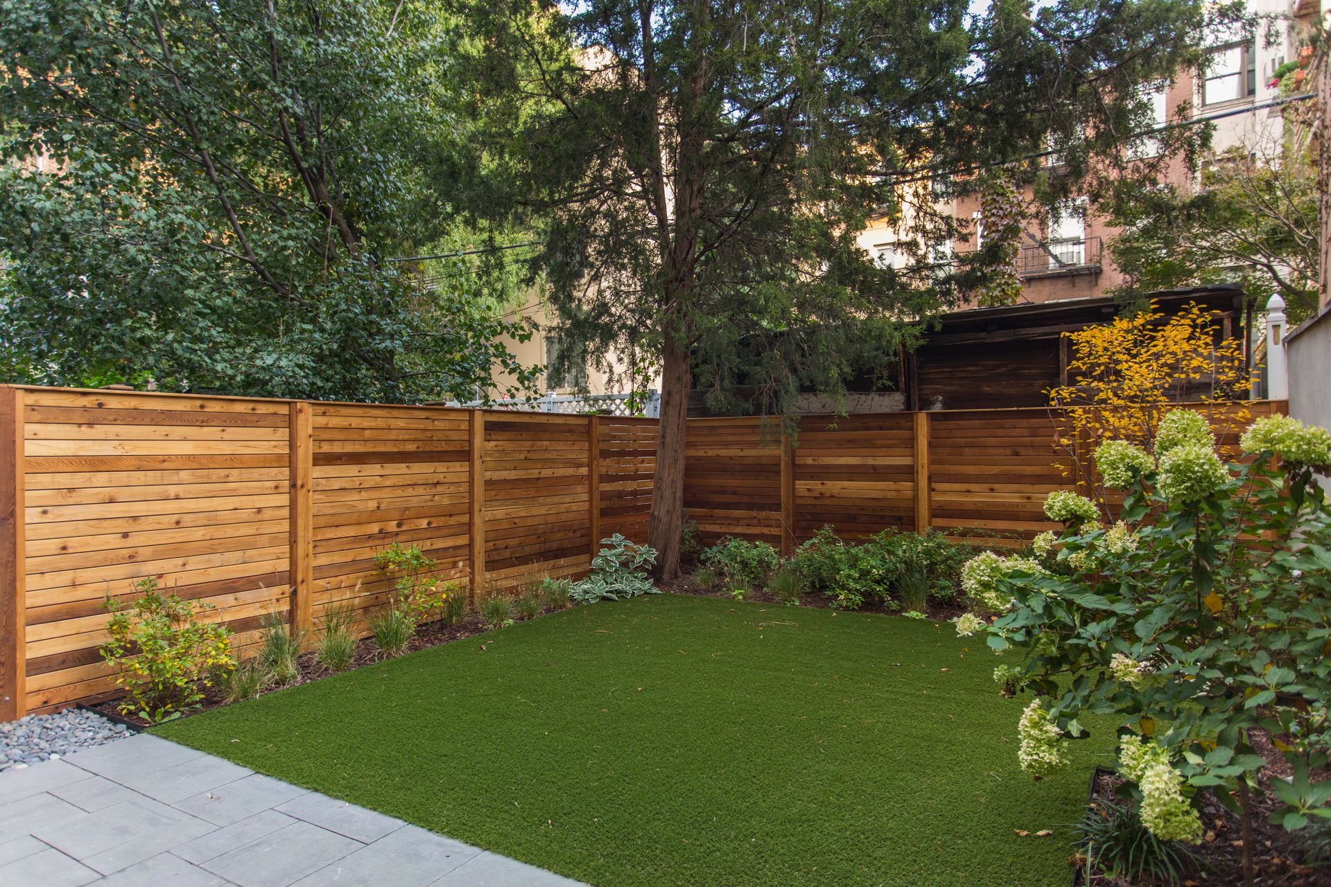 Lush green lawn in a backyard, enclosed by a wooden fence, with trees and shrubbery surrounding.