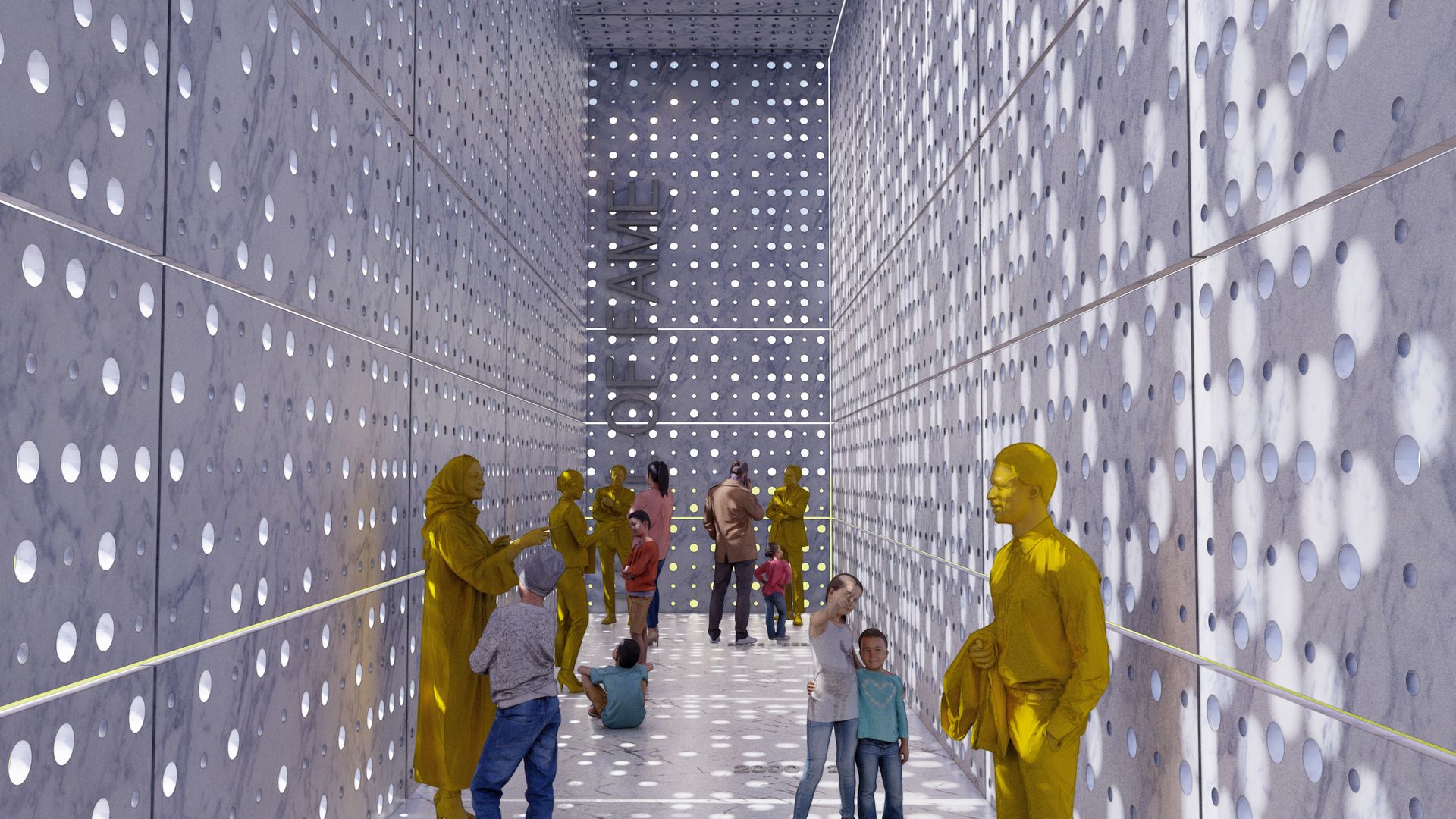 People in a hallway with white walls dotted with circular holes, gold statues.