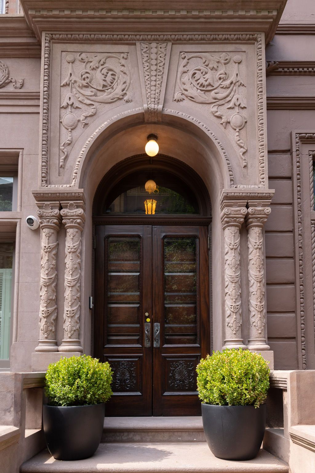 Ornate brown door framed by stone archway, two potted plants flank the entrance.