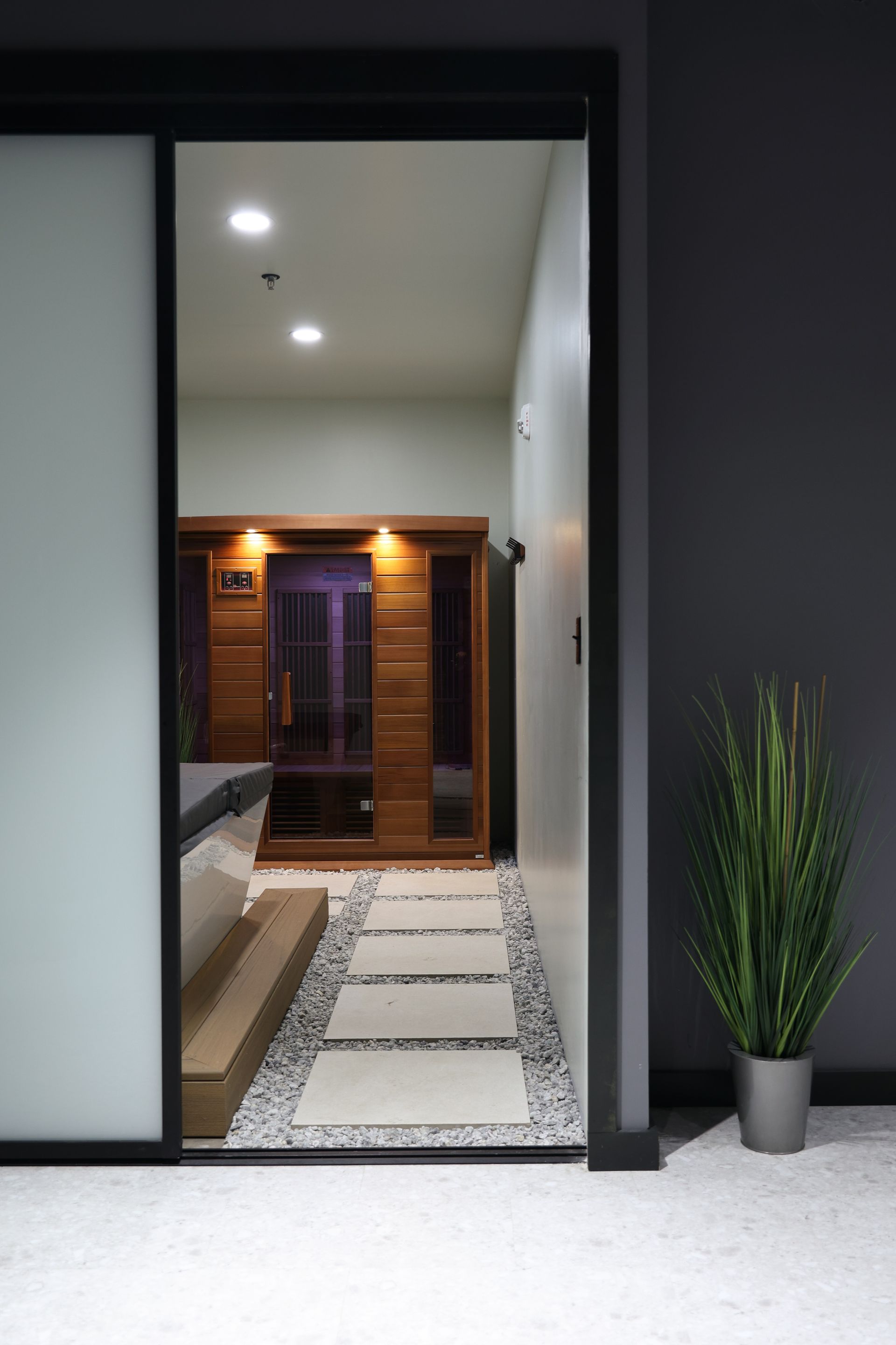Hallway with sauna, stepping stones, and tall plant. Black and neutral tones, well-lit.