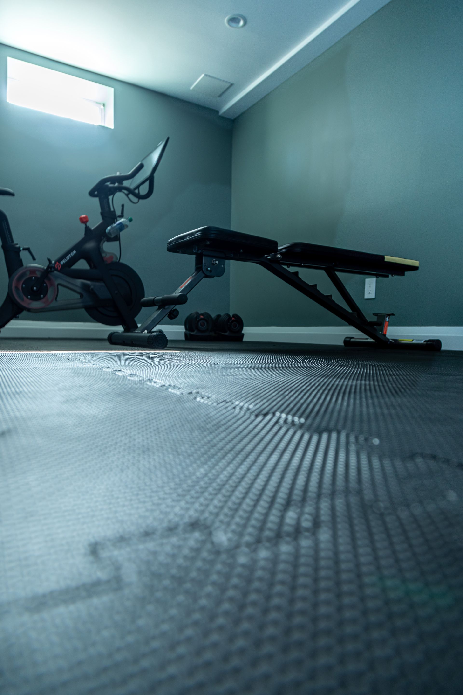 Gym with stationary bike, adjustable weight bench, and interlocking floor mats.