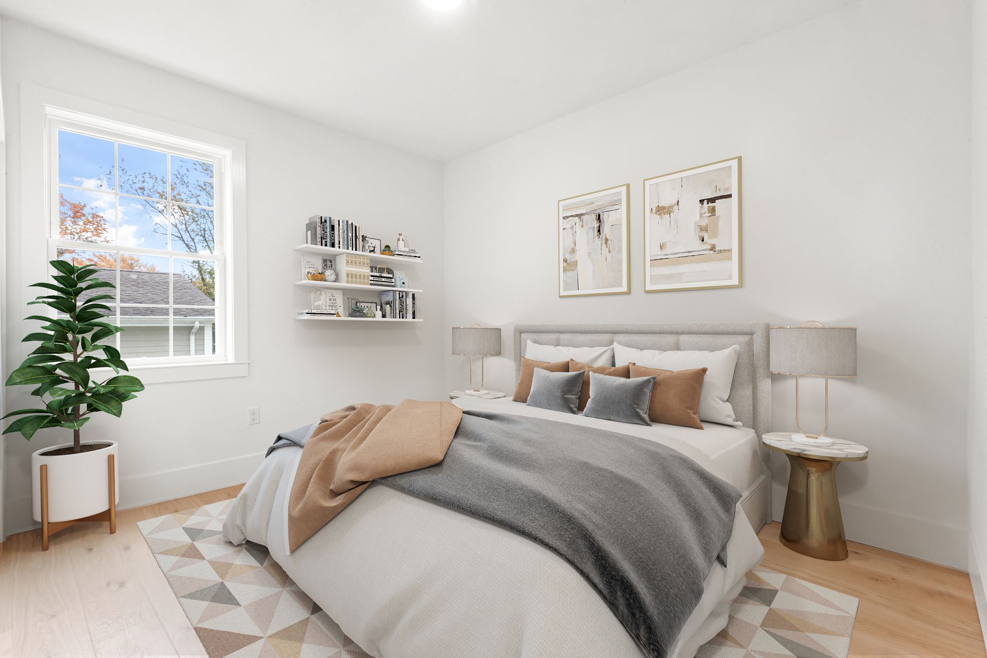White bedroom with bed, two framed pictures, side table, window with tree view, and decorative shelving.