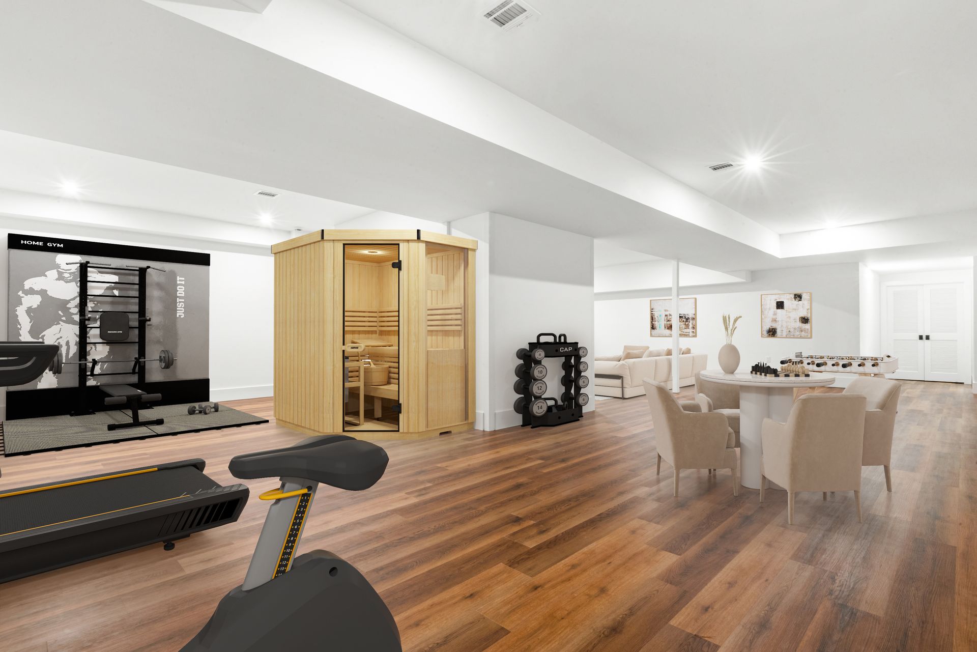 Spacious home gym with sauna, workout equipment, dining area, and hardwood floors. Bright, neutral color palette.
