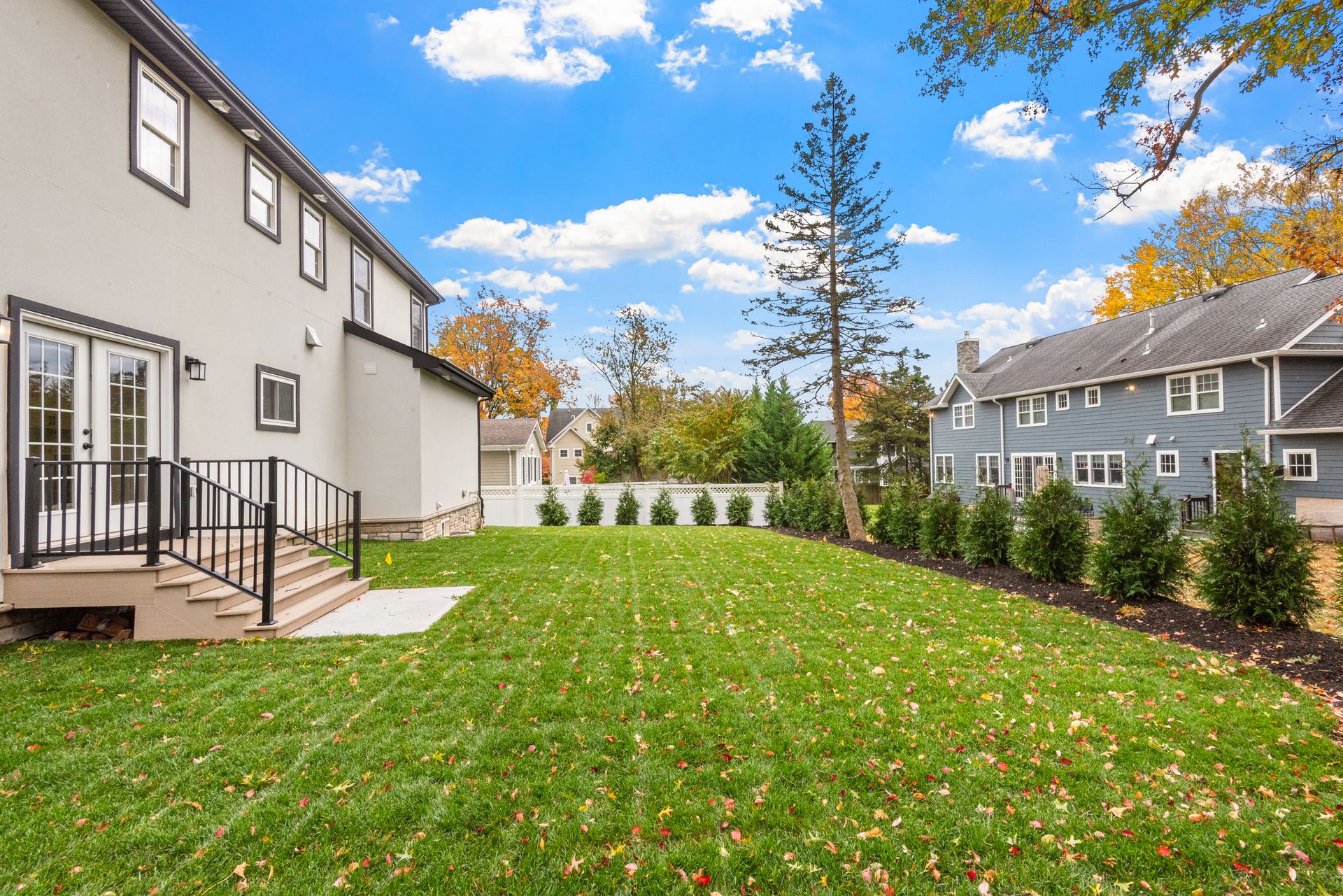 Backyard with green grass, small trees, and a two-story house under a blue sky.