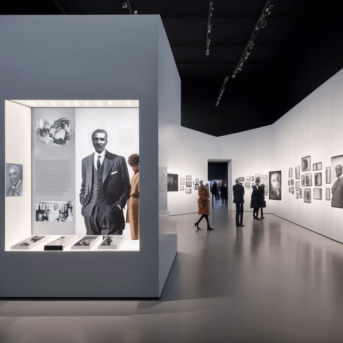 Museum exhibit: black and white photos on display, people viewing art.