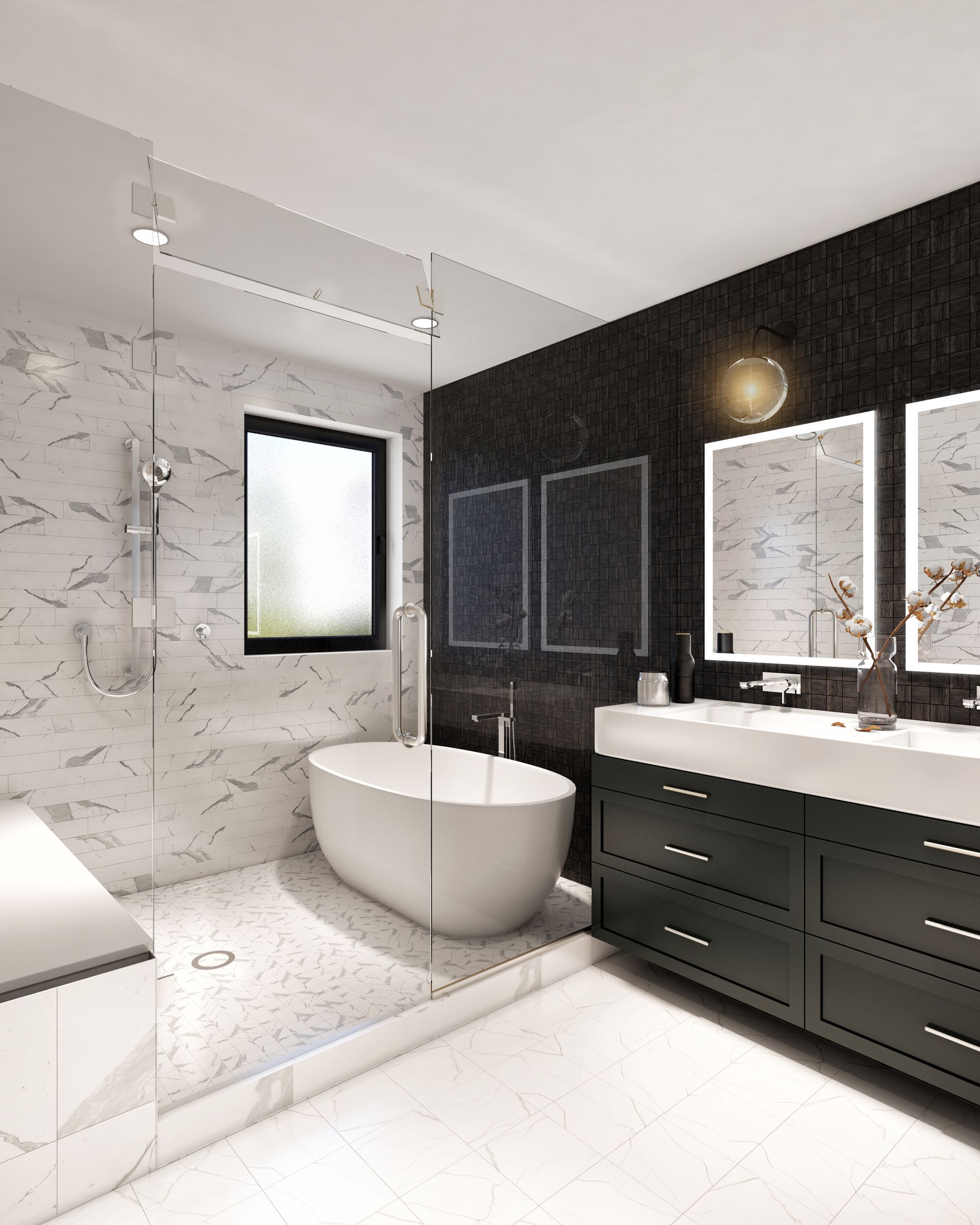 Modern bathroom with marble shower, freestanding tub, dark vanity, and large mirrors.