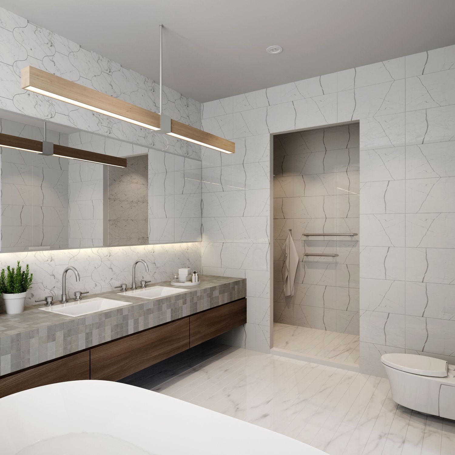 Modern bathroom with a marble countertop, wooden vanity, and large mirror. Shower and toilet visible.