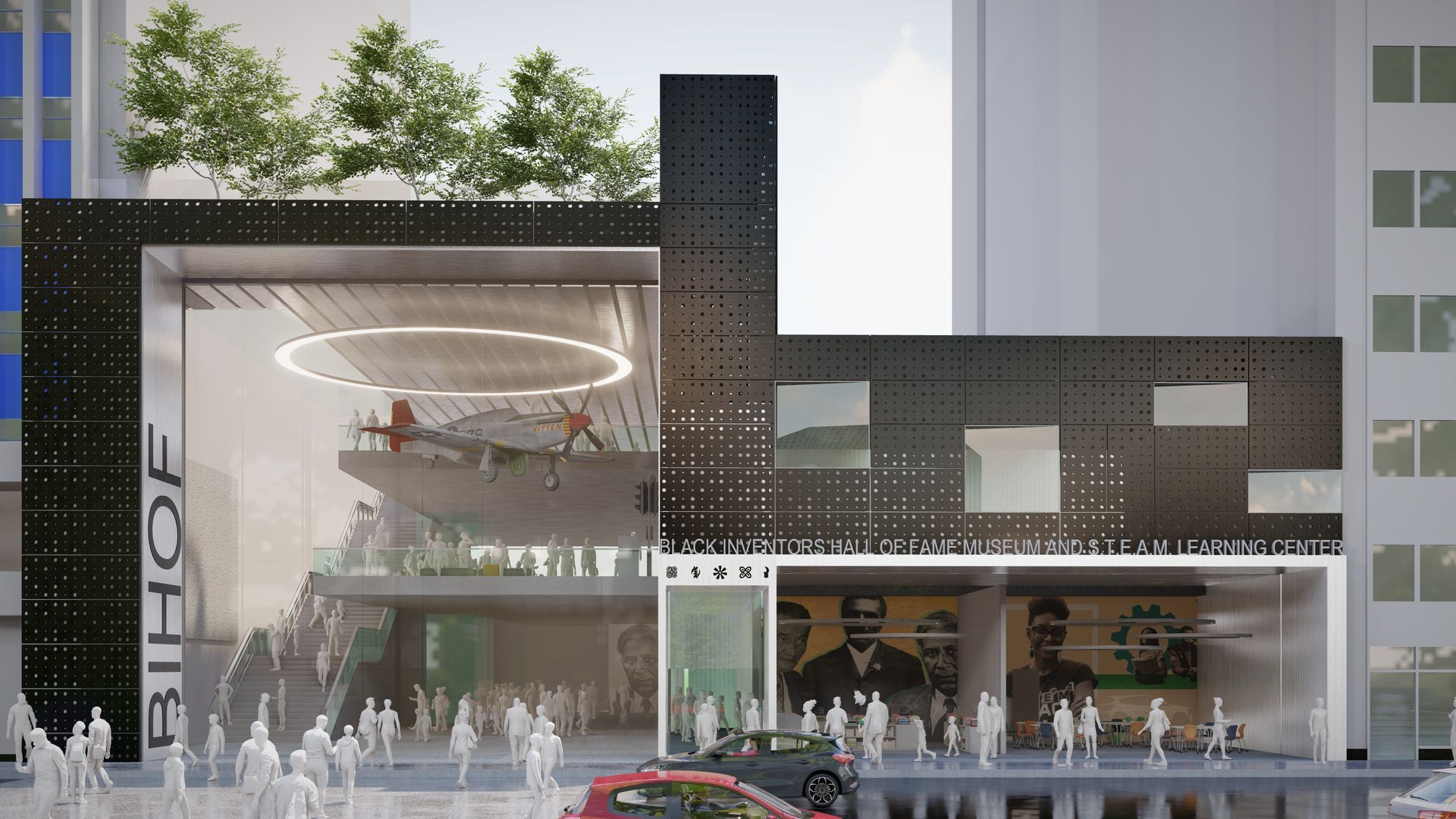 Modern museum with large glass panels, a display plane, and a crowd of people. Rooftop garden.