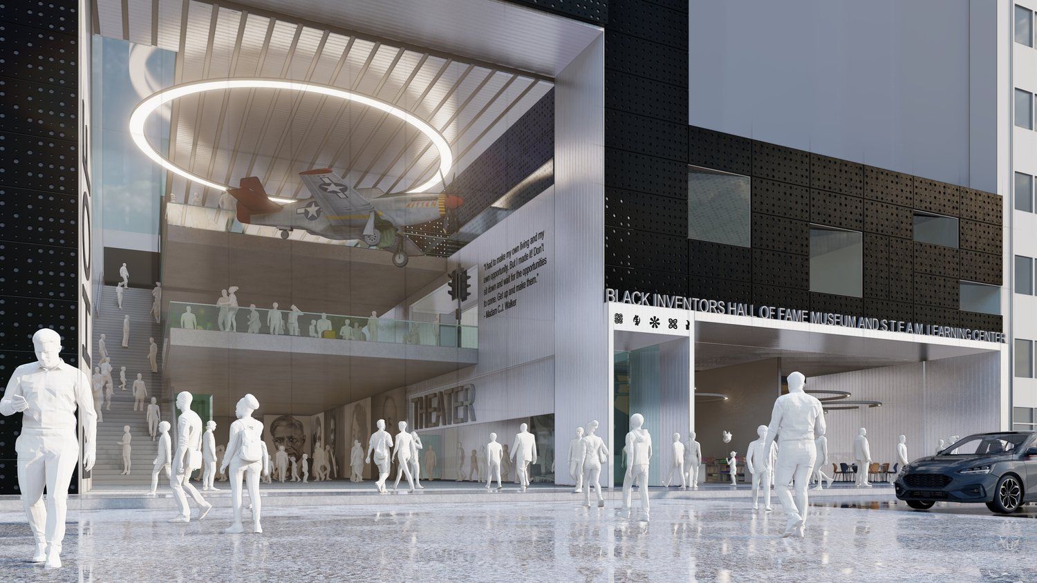 Modern building entrance with people walking; water fountains in the foreground. Circular light fixture inside.