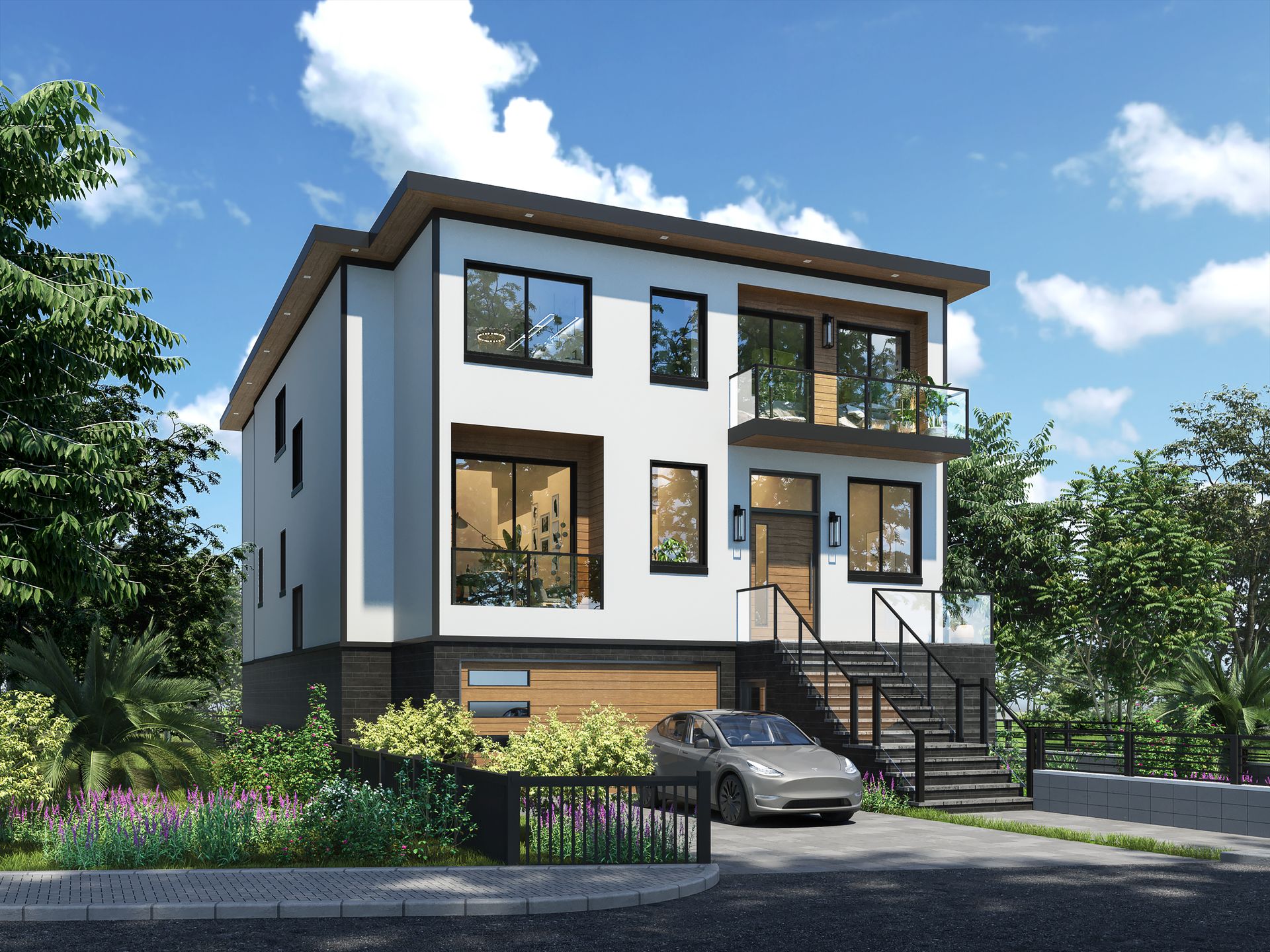 White kitchen with island, cabinets, and appliances. Dark wood floor, three blue pendant lights.