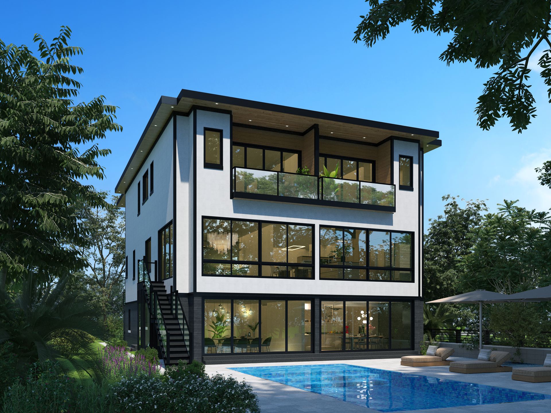 Modern white and black house with a pool, surrounded by trees.