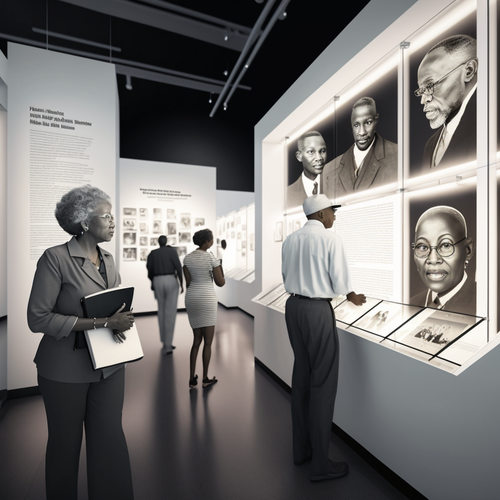 People in a museum viewing displays of historical portraits and text.