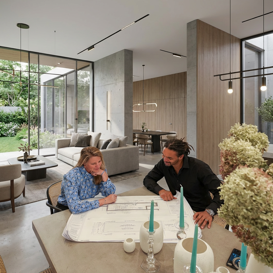 Two people reviewing blueprints in a modern home's living area with large windows, sunlight, and minimalist decor.