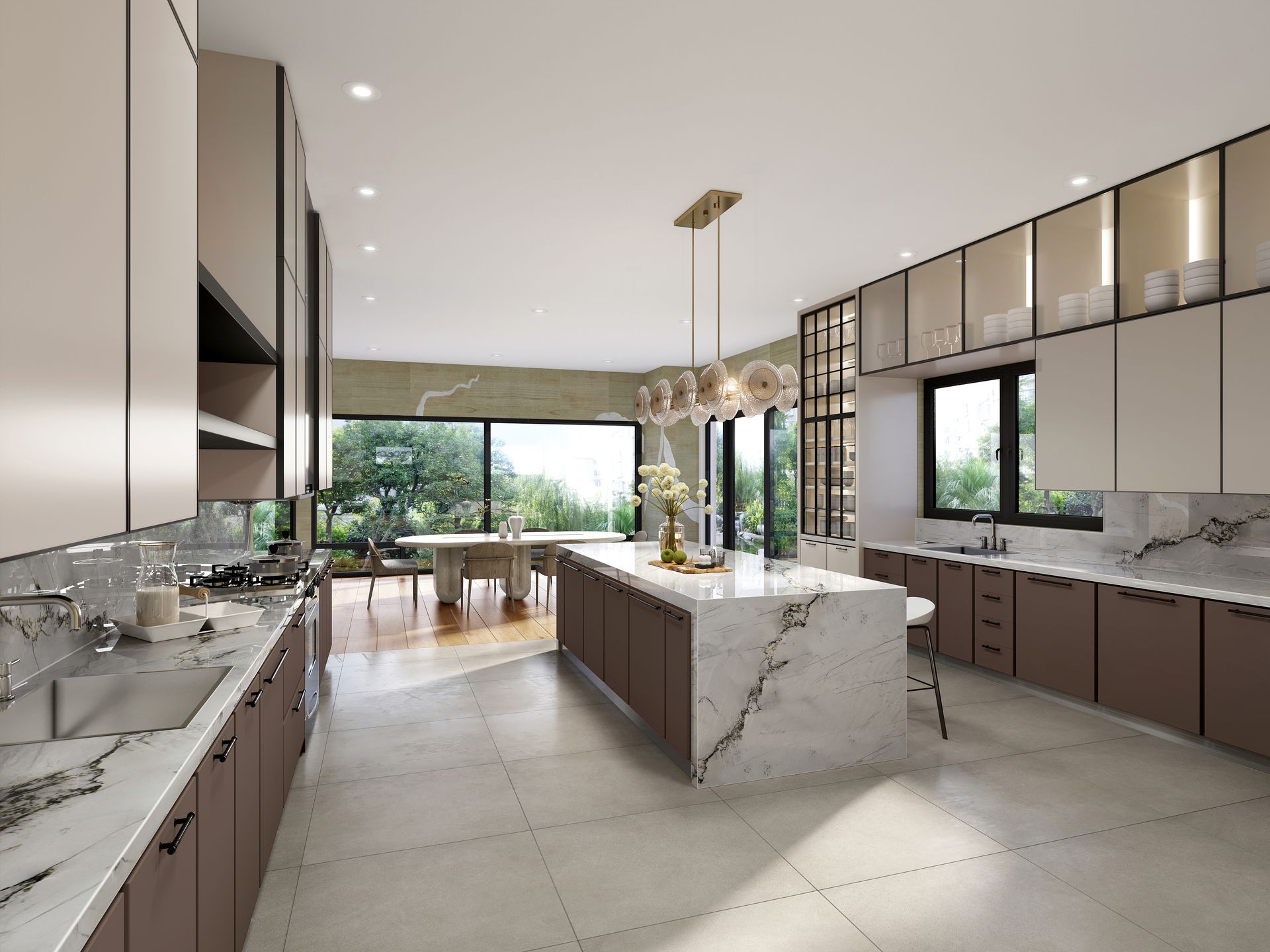 Modern kitchen with a marble island and dark cabinetry, large windows, and a dining area.