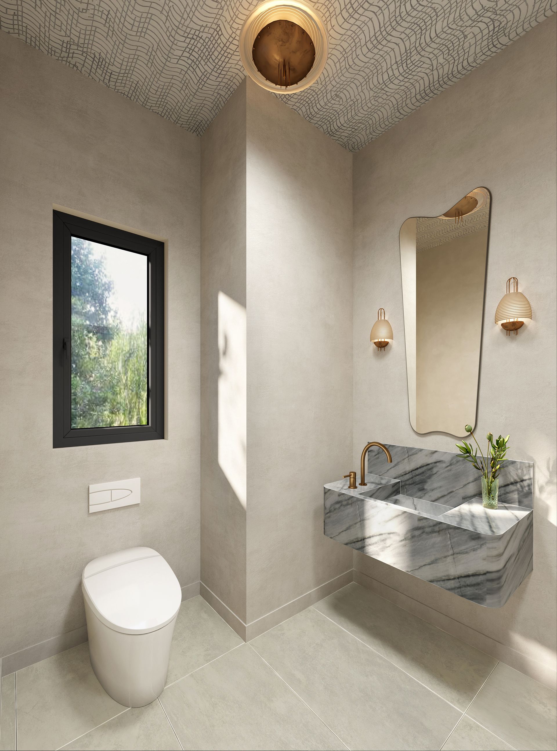 Modern bathroom with floating marble sink, irregular mirror, toilet, window, and patterned ceiling.